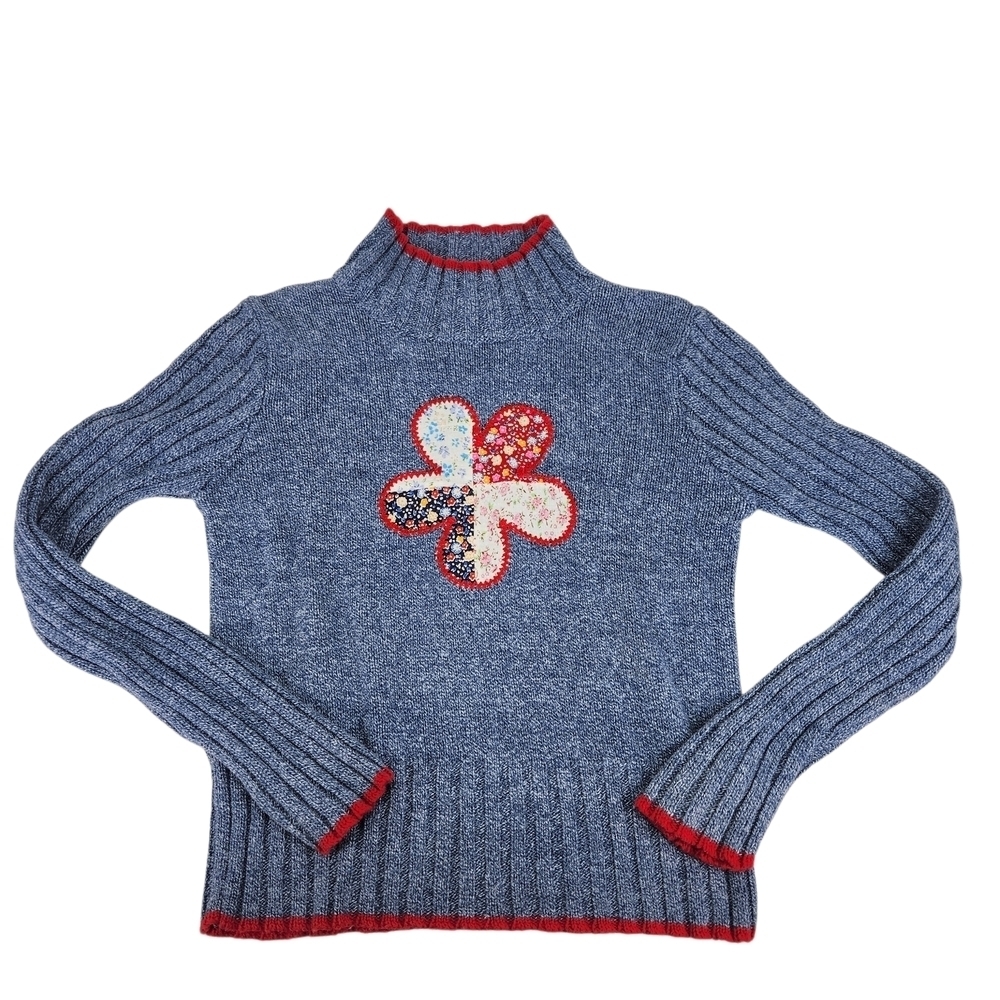 Knitty Gritty Girls Sweater Blue Mock Neck Medium Flower Patch Hippie Boho